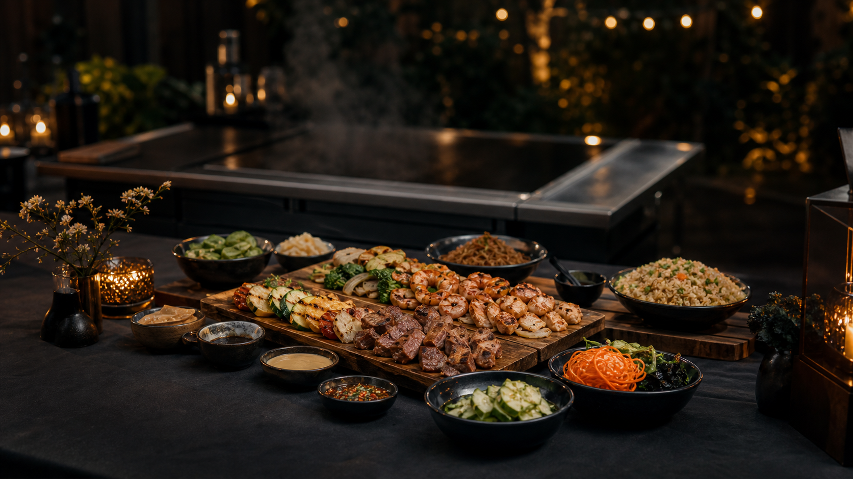 Concept image of a hibachi catering spread prepared for an event