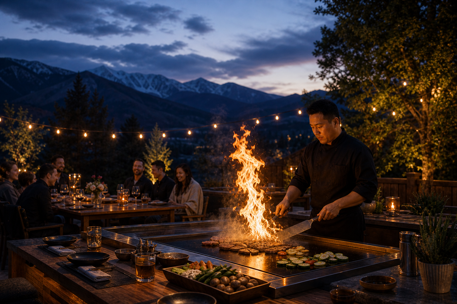 Blue-hour Colorado backyard hibachi dinner (AI concept)