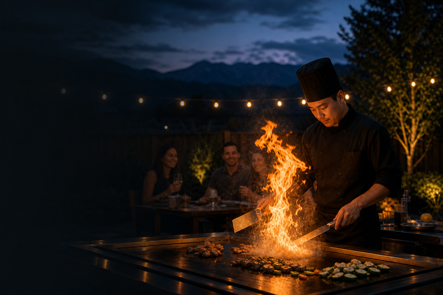 Hibachi chef cooking over a flame at a private backyard gathering at dusk