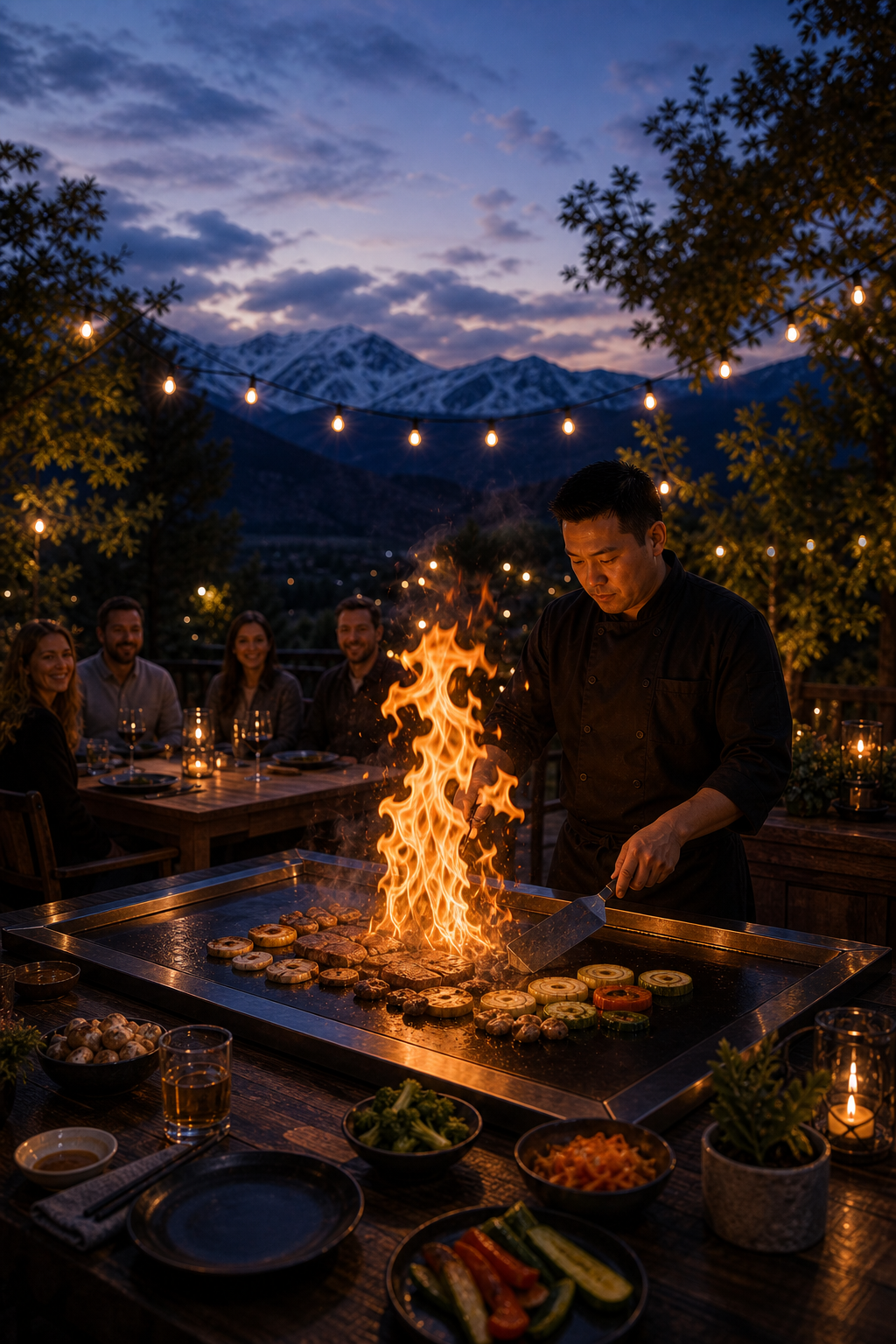 Blue-hour Colorado backyard hibachi dinner — chef, flame and guests balanced across the full scene (AI concept)